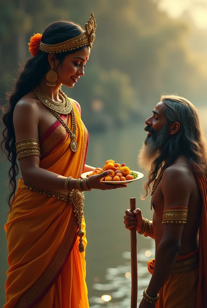 cinematic animated character art, Silhouette of indian godess of food Annapoorna giving food in a golden plate to a poor male beggar with long hair and rugged look, beggar bowing in respect carrying a wooden stick, godess wearing Gold and red saree, golden jewellery, ancient golden crown, smiling expression, glowing particles in atmosphere, river Ganga in background, early morning, darkness in atmosphere, mysterious vibe, colour graded, vibrant, 4khd