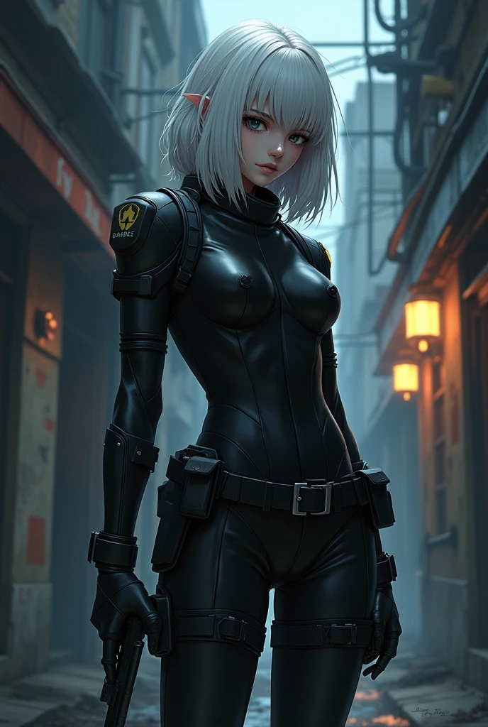 Create an image of a mercenary with white hair, black eyes, average physique, anime, 2 MAN