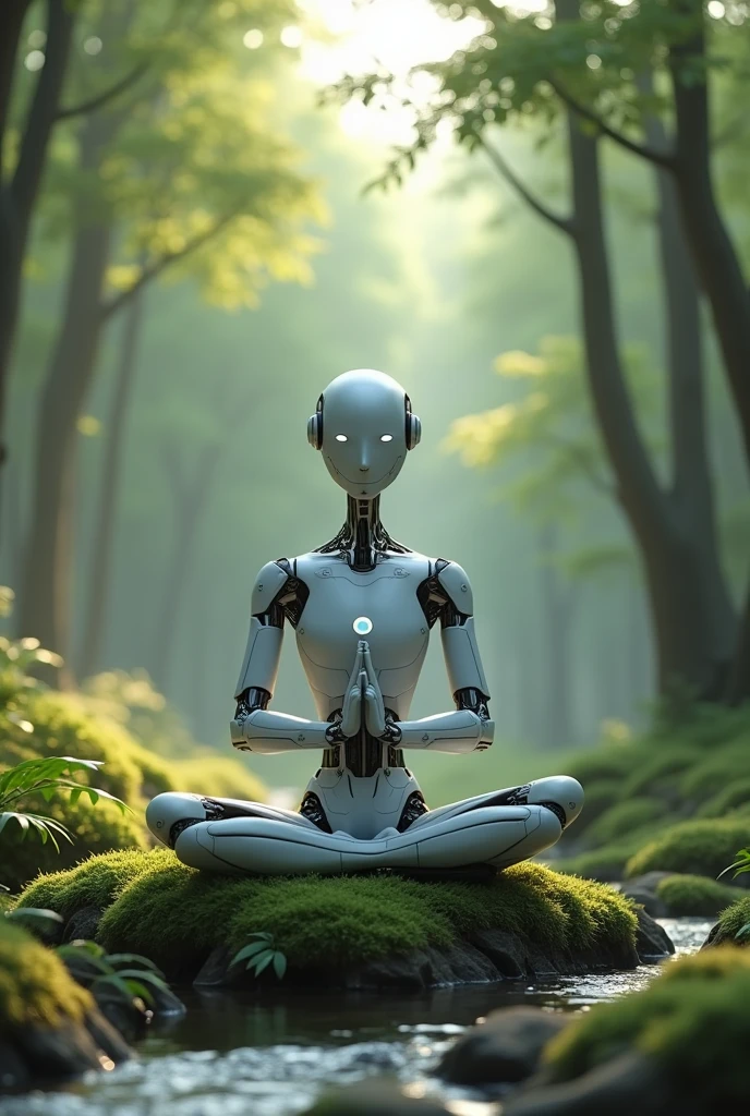 Create an animated robot meditating in nature 