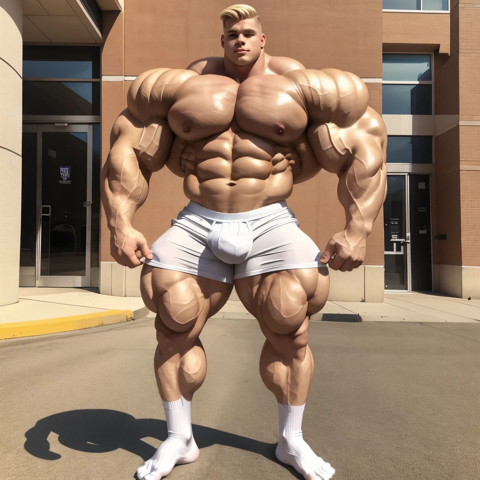 full body view, one  cute white blonde undercut male model wearing black socks and lycra tight shorts, no shoes, looking like a freaky roidstuiffed huge giant bodybuilder pig, proudly posing outside, front american college