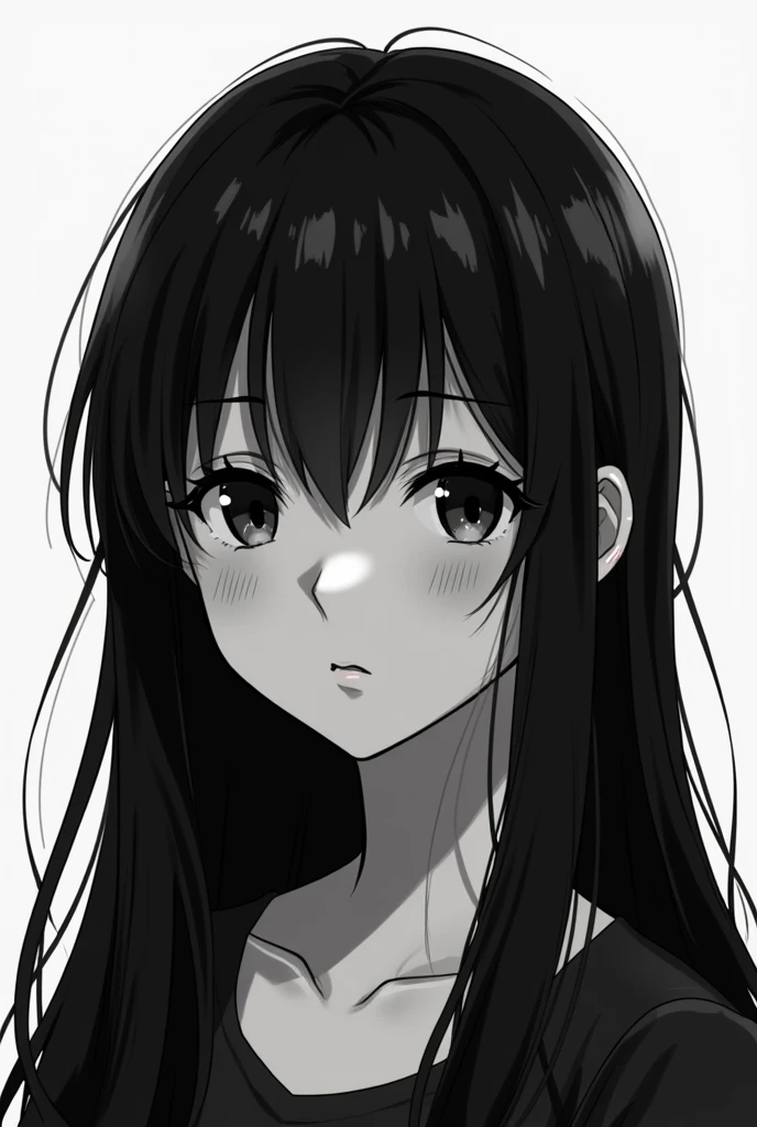 black hair girl, black eyes anime style 2d to black and white