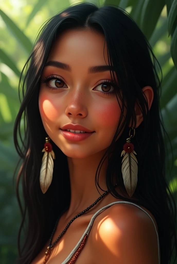 an indigenous Brazilian woman,with long, straight black hair, very light and small brown eyes,reddish skin color, delicate features charming smile,with a feather earring