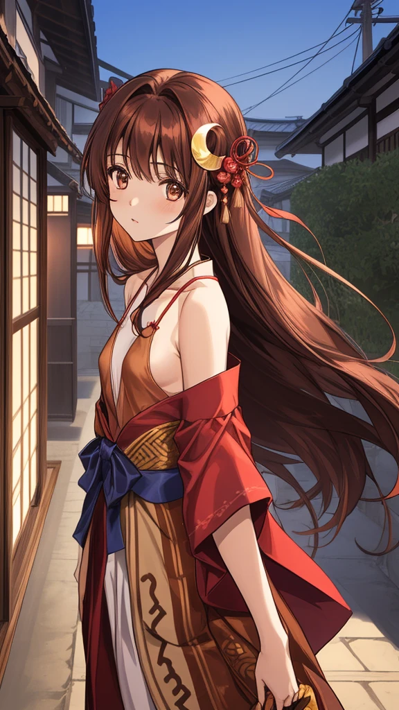 1girl, long brown hair, brown eyes, crescent hair ornament, skinny body, small breasts, blue-red Japanese clothing, neckline, bare shoulders, between inside and outside the house
