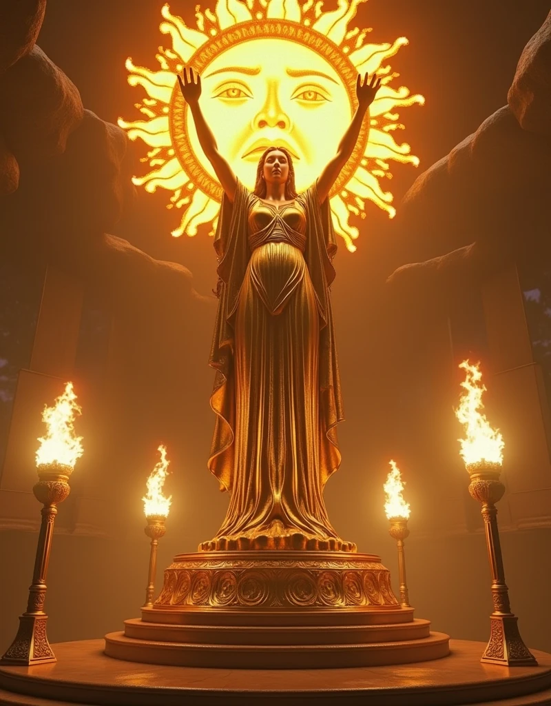 (masterpiece), (extremely intricate:1.3), (realist) A statue of more than five stories high looming over me made of solid gold in the shape of a woman, He has his hands over his head holding a tribute to the sun, since the dome that covers it is made of glass and four torches surround it, sharp focus, dramatic, awarded, cinematic lighting, octane render unreal engine, volumetric dtx