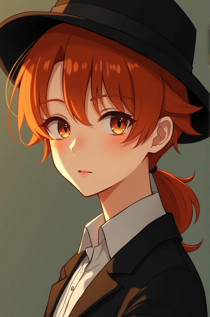 Ginger young man, orange hair, low ponytail, bangs in the hair, delicate face, male, hat
