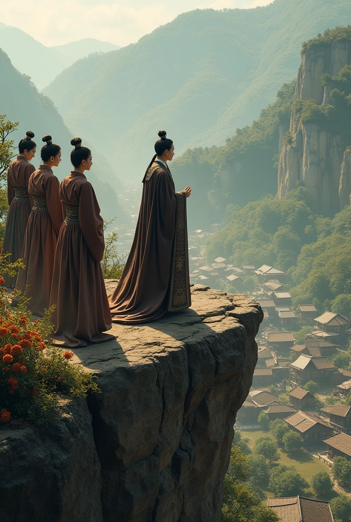 In the full Tang Dynasty era, a princess in a dark brown dress in full official regalia, along with the nobles, stands on a high cliff above the village, looking at the rural peasant village where each house is well-off, big house, the people are well-dressed, their faces are happy, the atmosphere is realistic, the actors are real.