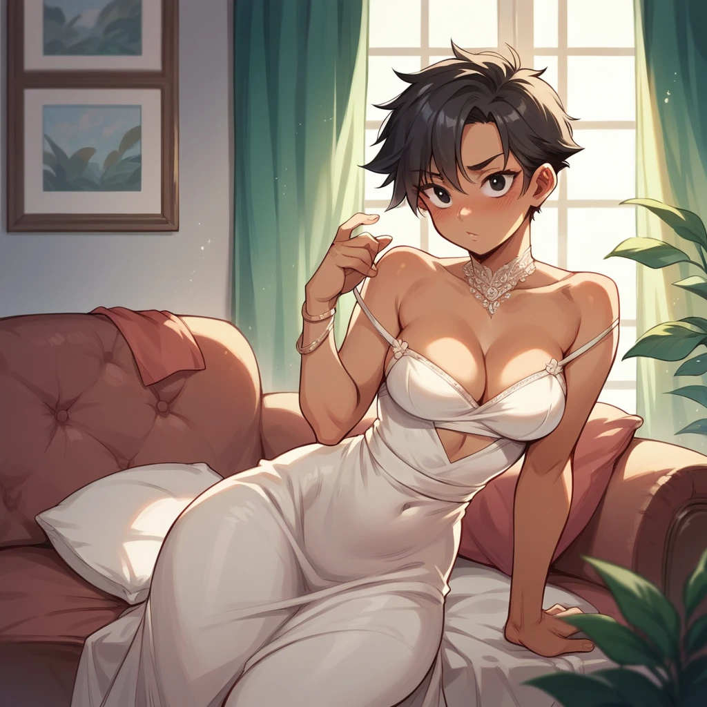 your tomboy looking buff female friend is blushing as she wears an elegant dress and is in your living room. she is tanner and has short black hair and black eyes. (full view)