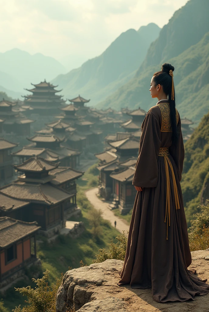 In the full Tang Dynasty era, a princess in a dark brown dress in full official regalia, along with the nobles, stands on a high cliff above the village, looking at the rural peasant village where each house is well-off, big house, the people are well-dressed, their faces are happy, the atmosphere is realistic, the actors are real.