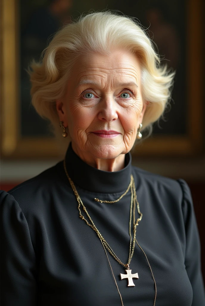 A grandmother with yellow hair,with an elegant dress,with bright blue eyes,with an elegant hairstyle,and with a necklace with a cross