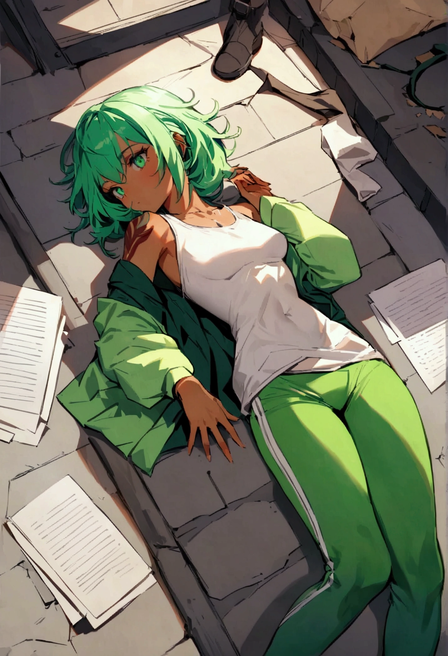 Homeless young girl with a slim, athletic figure, marked by the need to survive in a harsh city. Her hair is short and vibrant green, Her eyes are deep green, Her skin is fair, she lay on the streets between papers, wears broken homeless clothes that show part of her body