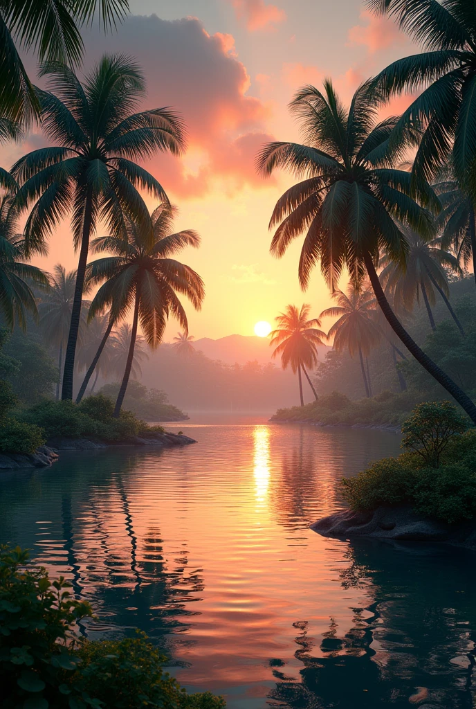 A lake in the middle of a beautiful palm forest at sunset
