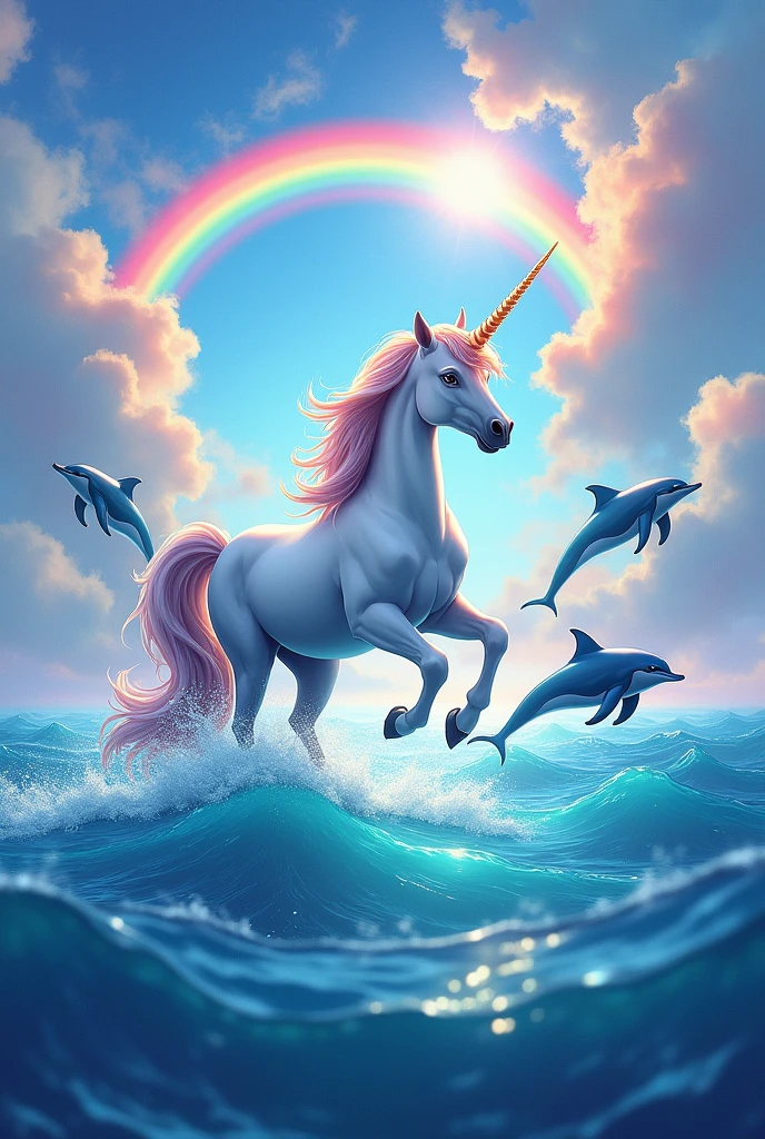 A very beautiful ocean with a super colorful rainbow and clouds with many colors where there is a very colorful and cute unicorn in the center with 3 cute and colorful dolphins on the sides