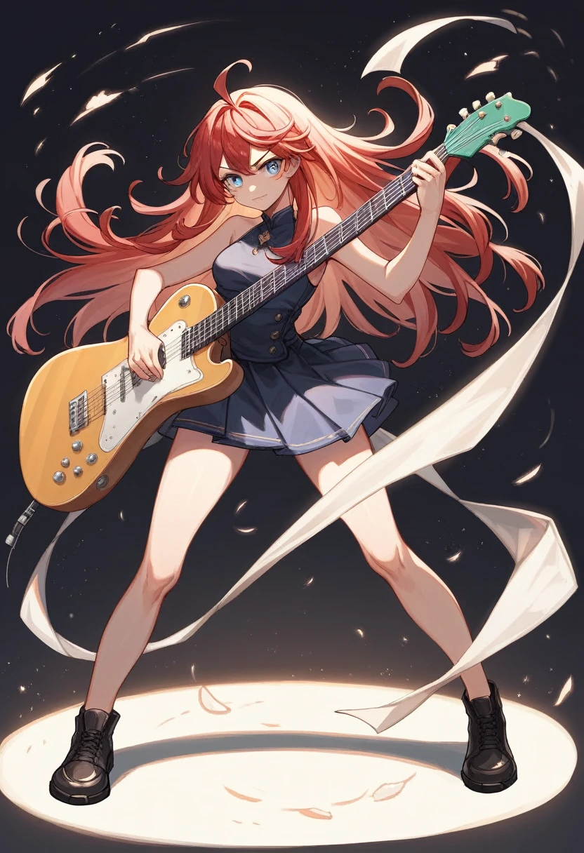 anime, masterpiece, best quality, UHD, anatomy correct, detailed skin, detailed pupils, detailed hair, girl, cool girl, hair correct, full body, vtuber full body, standing pose, guitarist, red hair, long hair, blue eyes, play guitar, black background, pose, dynamic pose