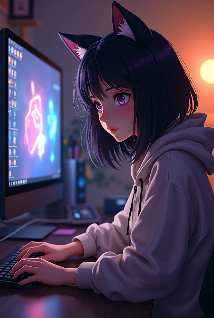 Gamer girl in a hood with cat ears ,with dark hair just below the shoulders, at the computer , in a slice