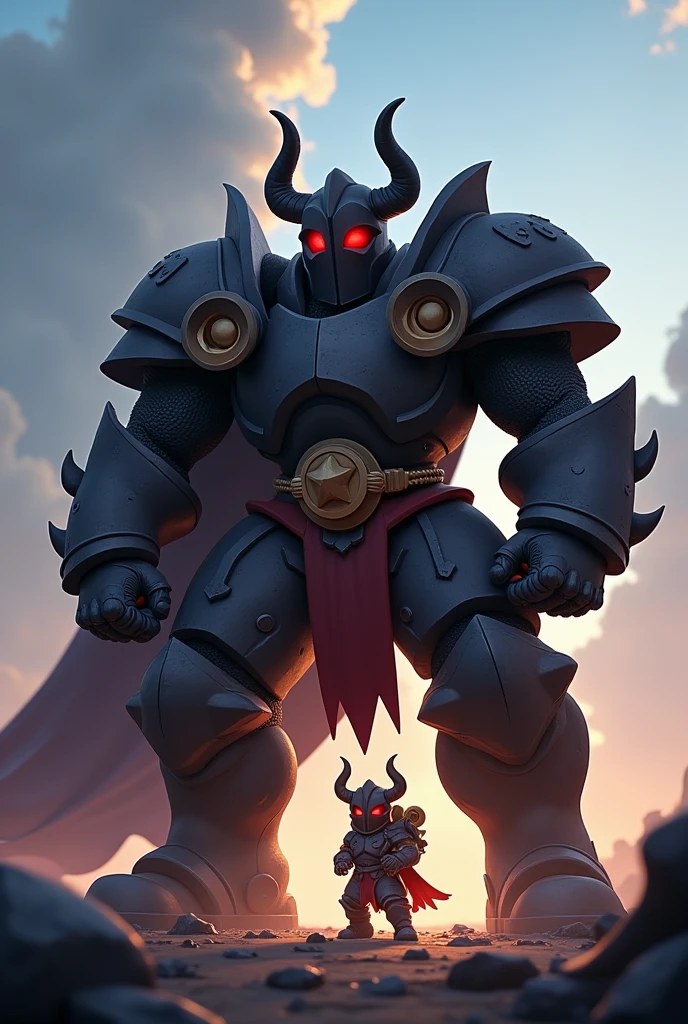 Create the mega knight of Clash Royale on his knees before the mini pekka of Clash Royale