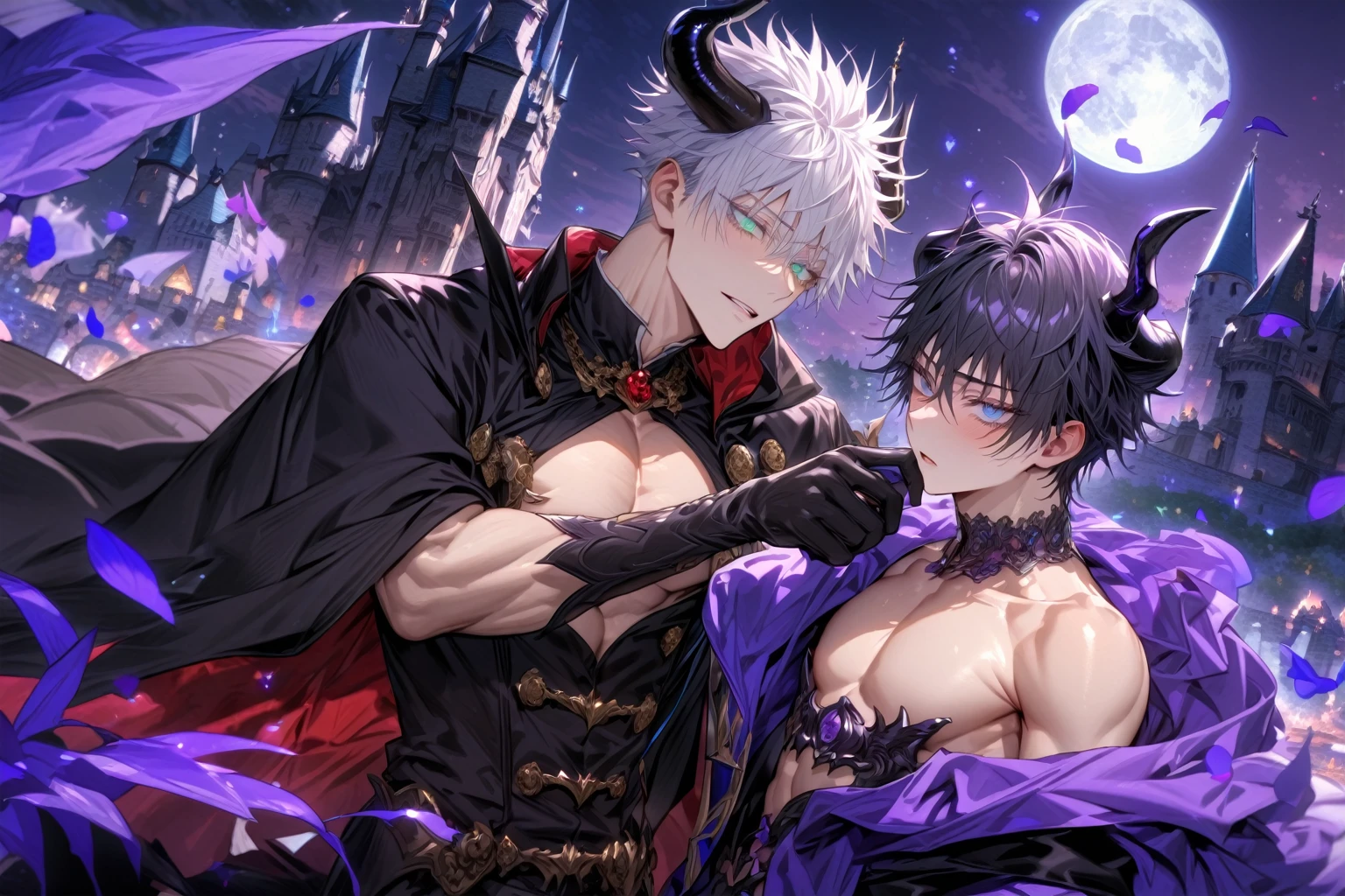 absurdres, highres, ultra detailed, HDR, master piece, Gojou Satoru, white hair with bangs, white eyelashes, expressive blue eyes, black cape, black prince clothes, Fushiguro Megumi, black hair, expressive green eyes, black prince clothes, Jujutsu Kaisen, accessories, two sexy man together, handsome, best quality, fantasy, magical, solo, sensual, moon, purple sky, manly man, glittering, gay couple, yaoi, castle, purple petals, demon, black horns, purple roses, black gloves, toned chest