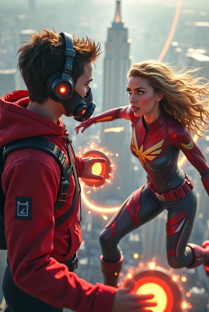 Kid Star-lord with red hoodie, headphones, star-lord helmet, gas helmet, covered mouth, round red eyes, Red eyes, magic rings in the hands and rocket boots, Vs, Capitana marvel (Big tits), Fighting, power, fiction, full body, 3 persons, magic lasso, hight, fall, fire in boots, poweful spells, fighting, realistic, helmet, mask, punch, gun, flying in the sky, view of the city from above, hug, love, passion, kissing