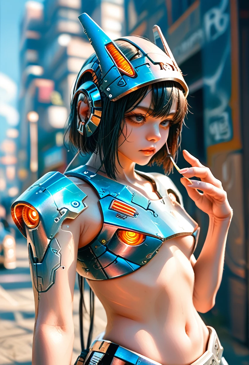 A young woman with porcelain skin and delicate features, dark hair with intricate cybernetic implants that blend into her helmet and natural appearance. The implants are made of metal and translucent with glowing wires, circuits, and elements. She is smoking a cigarette with smoke coming out of it, She is wearing a futuristic armor-like suit with exposed mechanical components and soft blue lights. She is wearing a special helmet with blue lights, and She holds a gun in one hand and rides a futuristic sports motorcycle. The background is a futuristic cityscape with soft lighting that highlights her robotic face. 9:16