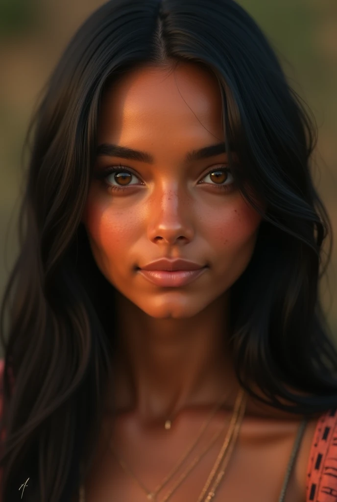 an indigenous Brazilian woman,with long, straight black hair, very light and small brown eyes,reddish skin color, delicate features charming smile