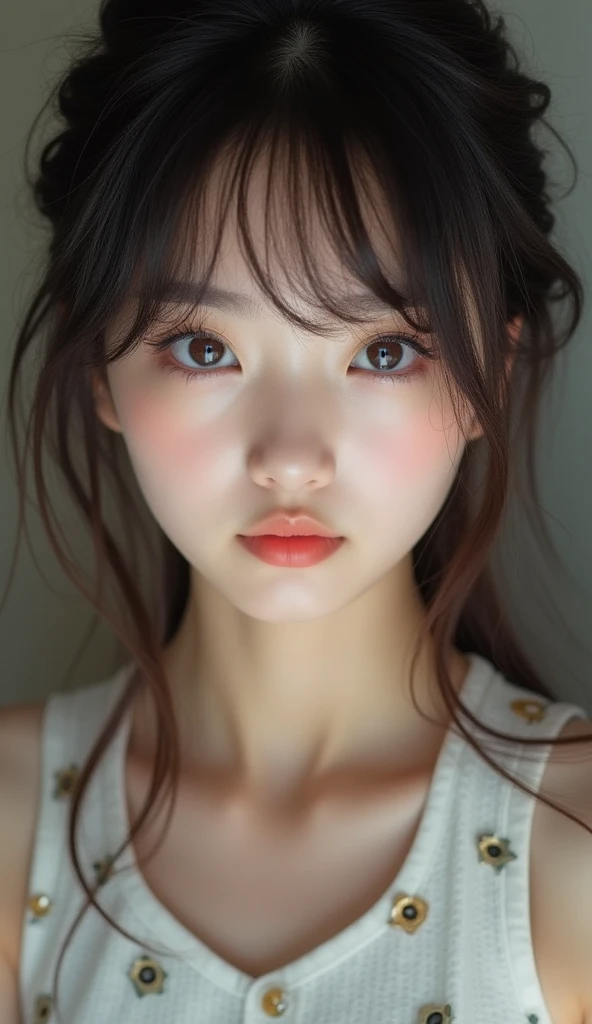 1japanese young girl, 18yo, very unique face, bangs, fascinating, distinctive, cute face, kawaii, round eyes, Amazing face and eyes, highly detailed face and eyes, fair skin, (distinctive breasts, unique breasts:1.2), upper body, best quality, masterpiece, ultra high resolution, highly detailed, raw color photos, professional photography, Realistic portrait, authentic skin texture, real skin quality,