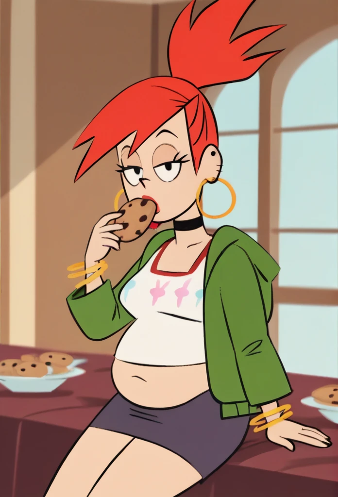 Tall FrankieFoster, 1girl, lipstick,tight mini skirt,white tank top,green jacket, solo, jewelry,plump belly, gain weight, red hair, earrings, choker, hoop earrings, bangle, ponytail, high ponytail,indoors,sit on the bed and eating cookies looking at viewer,  score_9, score_8_up, score_7_up, score_6_up, score_5_up, score_4_up