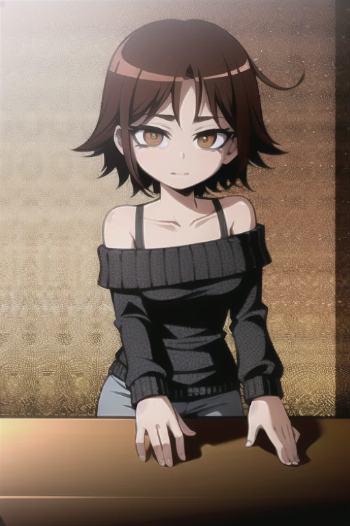 Anime, flat , (Ellen 18-years-old, short dark layered hair, Brown-eyed, small breast:1.0), hair clips
Fantasy Rogue outfit, belt, sitting, smirk ,