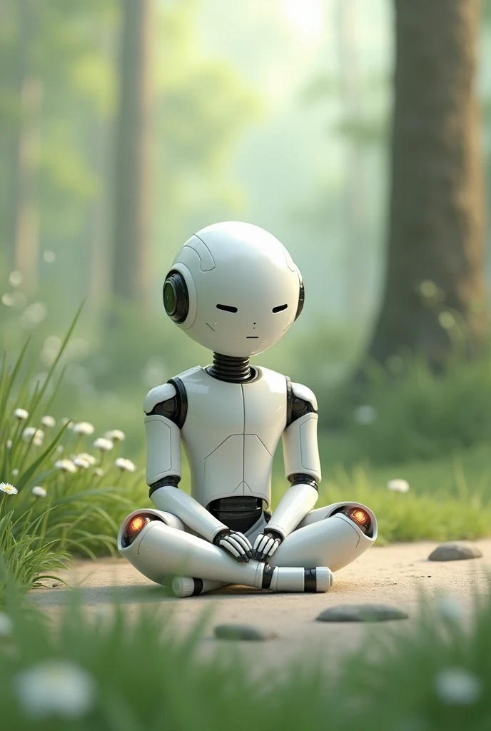 Create a small, minimalist robot, animated meditating in nature