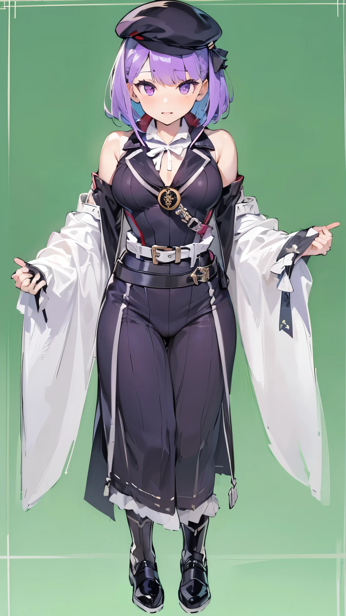 NSFW,Helena Blavatsky\(Fate/grandorder\)、Purple Hair、short hair、(Purple eyes:1.1)、Shoulder Bare、belt、beret、ribbon、- Detachable collar、Removable sleeves、hat、leotard、紫色のhat、紫色のleotard、赤いbelt、白いribbon、White sleeves、