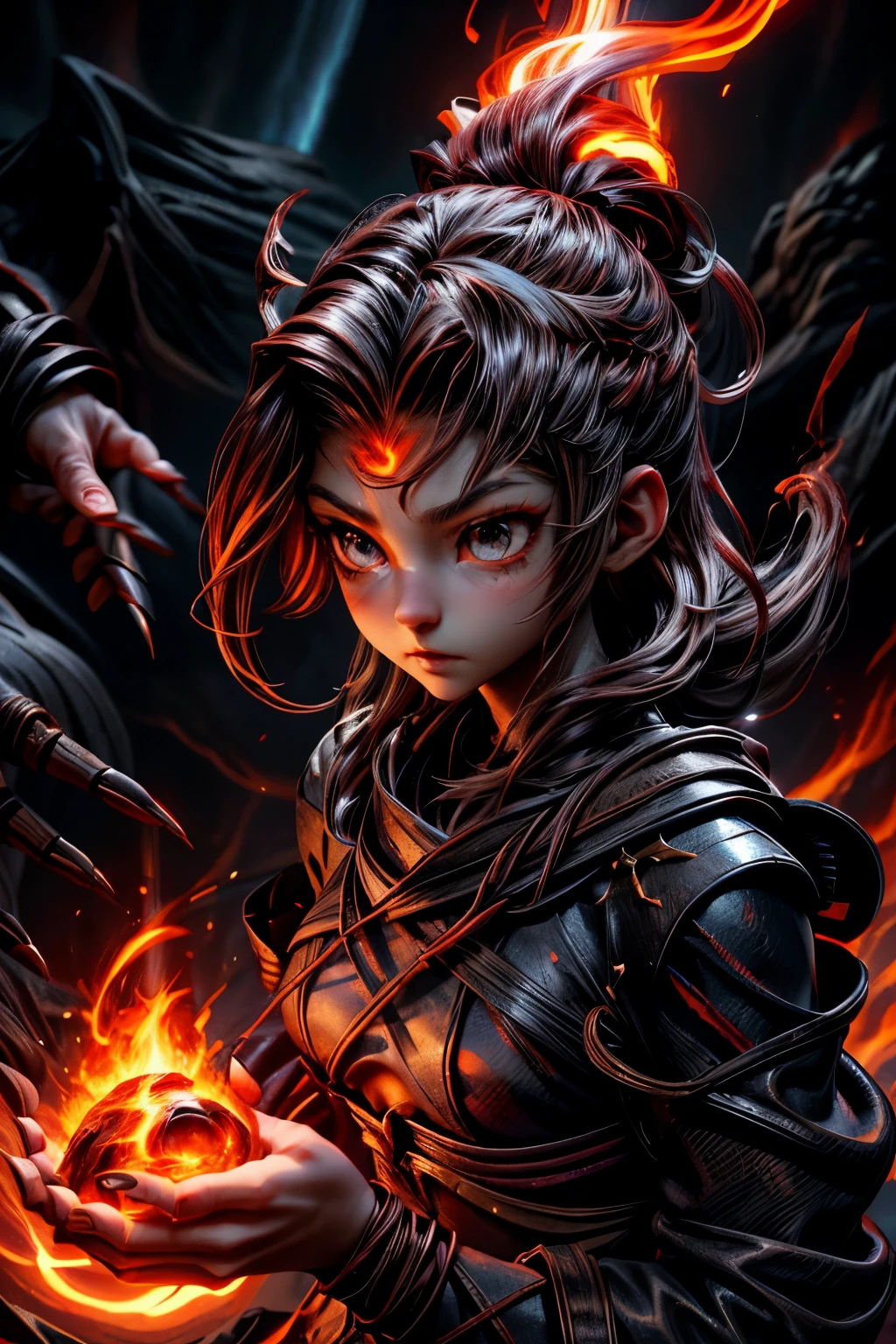 appearance of a teenager,Eyes red,Calm,quiet,cute,bonitas,whole body,looking straight ahead,hair in fire,claws,tied up hair,creature of fire,atronach style,efreet,crazy,serious look,volcanic background,monstr,Golem,pele em chamas, corpo em chamas 