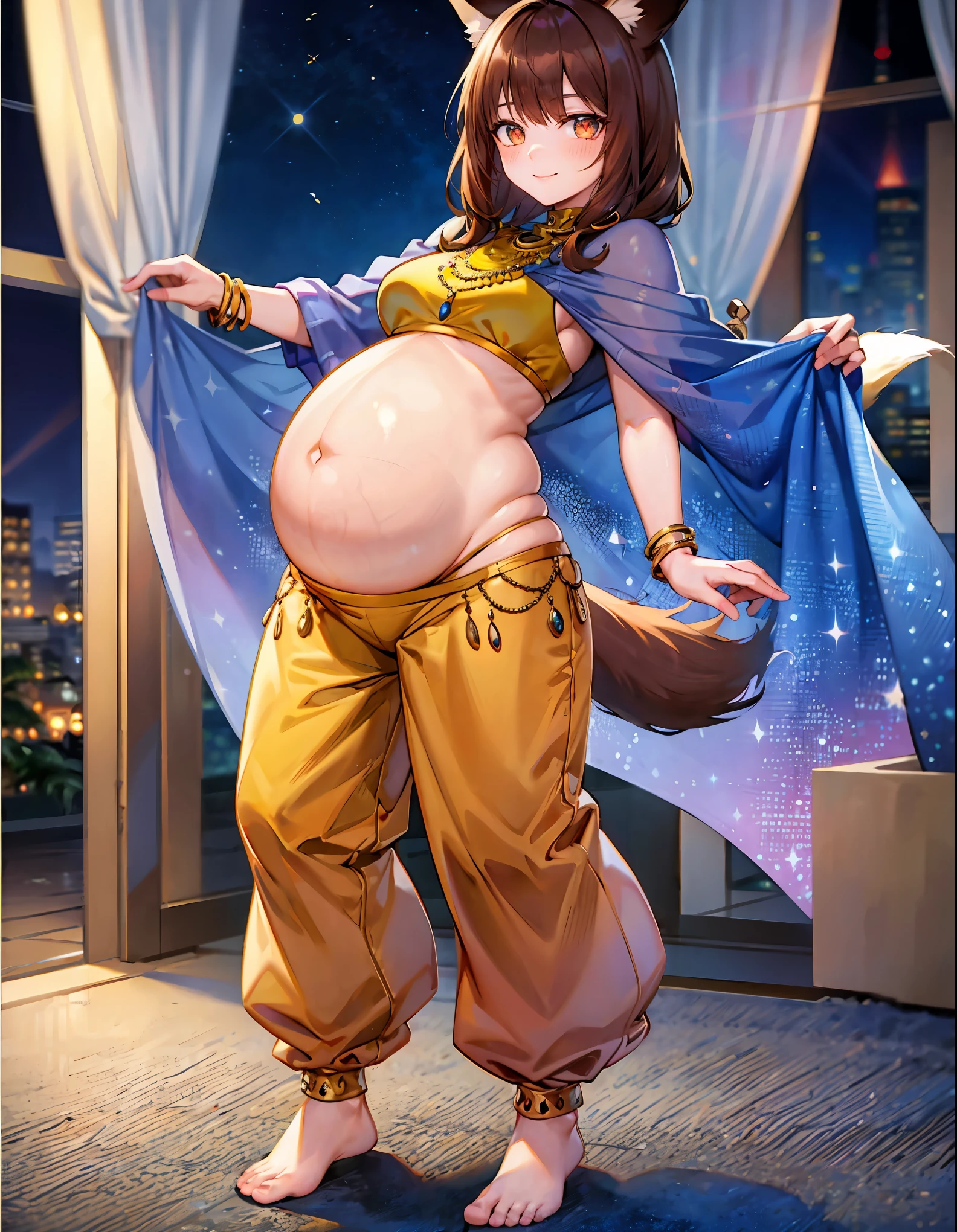 (best quality, ultra-high resolution, depth of field:1.2), (full body shot:1.2), (perfect body:1.2), (medium :1.2), (swollen round belly:1.2), beautiful face, (28 years old), (fox woman), radiant eyes, (violet eyes:1.2), (beautiful smile), (brown hair), animal ears, (fluffy fox ears), (fluffy fox tail), (belly dance top:1.2), (long sleeves:1.2), (wearing a baggy harem belly dance pants:1.2), (bare feet:1.2), (full of jewelry:1.2), night time, (multiple points of views), (standing pose:1.2)