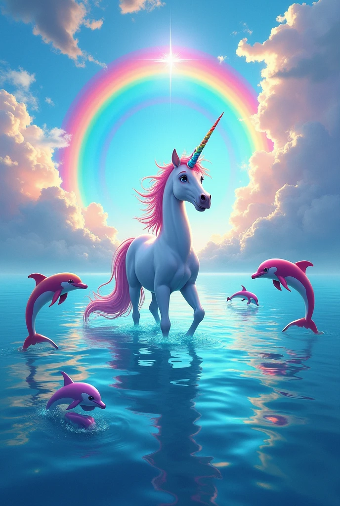 A very beautiful ocean with a super colorful rainbow and clouds with many colors where there is a very colorful and cute unicorn in the center with 3 cute and colorful dolphins on the sides 
