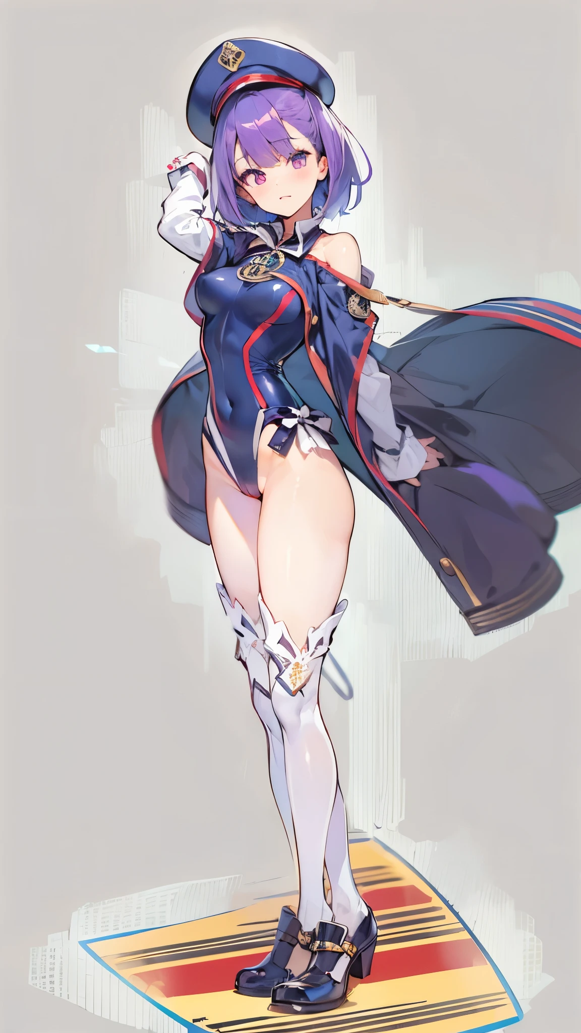 NSFW,Helena Blavatsky\(Fate/grandorder\)、Purple Hair、short hair、(Purple eyes:1.1)、Shoulder Bare、belt、beret、ribbon、- Detachable collar、Removable sleeves、hat、leotard、紫色のhat、紫色のleotard、赤いbelt、白いribbon、White sleeves、