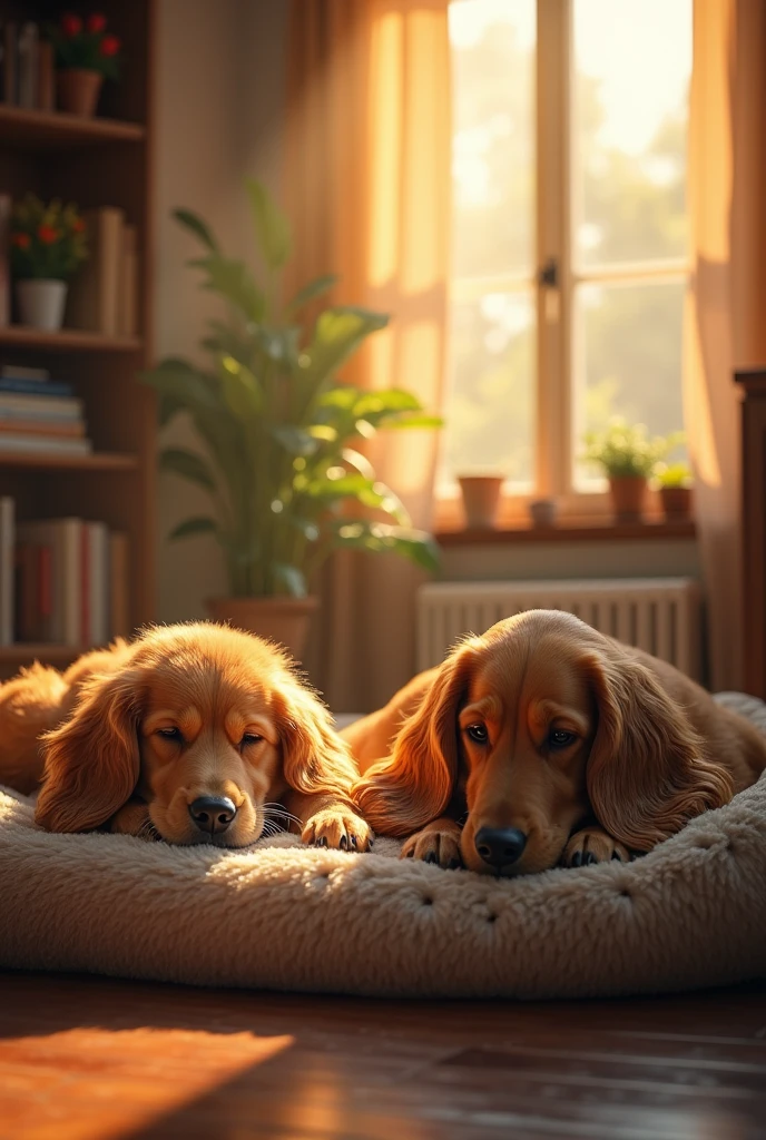 Two dogs, a bodeguero and a golden English setter, sleep peacefully, each in their own bed in the living room of a home with large windows through which a wonderful evening light enters, creating a magical atmosphere of peace and calm. This is a hyper-realistic 4K photograph with vivid and bright colours.