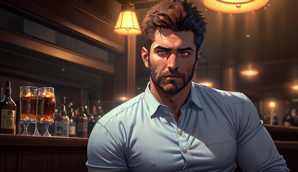 1 man, handsome face, brown short spiky hair, brown beard,brown eyes, muscular athletic build, 185cm tall, wearing blue jeans, white shirt, realistic, photorealistic, cinematic lighting, octane render, intricate details, chiaroscuro lighting, moody atmosphere, intense ,
Sitting alone in bar
Drink whiskey,Closed Mouth, Drop Shadow,