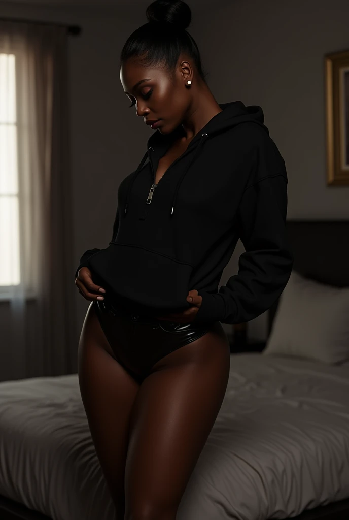 a black woman with her hair in a bun, wearing a black hoodie, bending over and pulling up her black leather short shorts, in her bedroom putting on her clothes,(best quality,4k,8k,highres,masterpiece:1.2),ultra-detailed,(realistic,photorealistic,photo-realistic:1.37),hyper-realistic,ultra-fine details,extremely detailed face and body,detailed facial features,intricate clothing textures,dramatic lighting,moody atmosphere,cinematic composition
