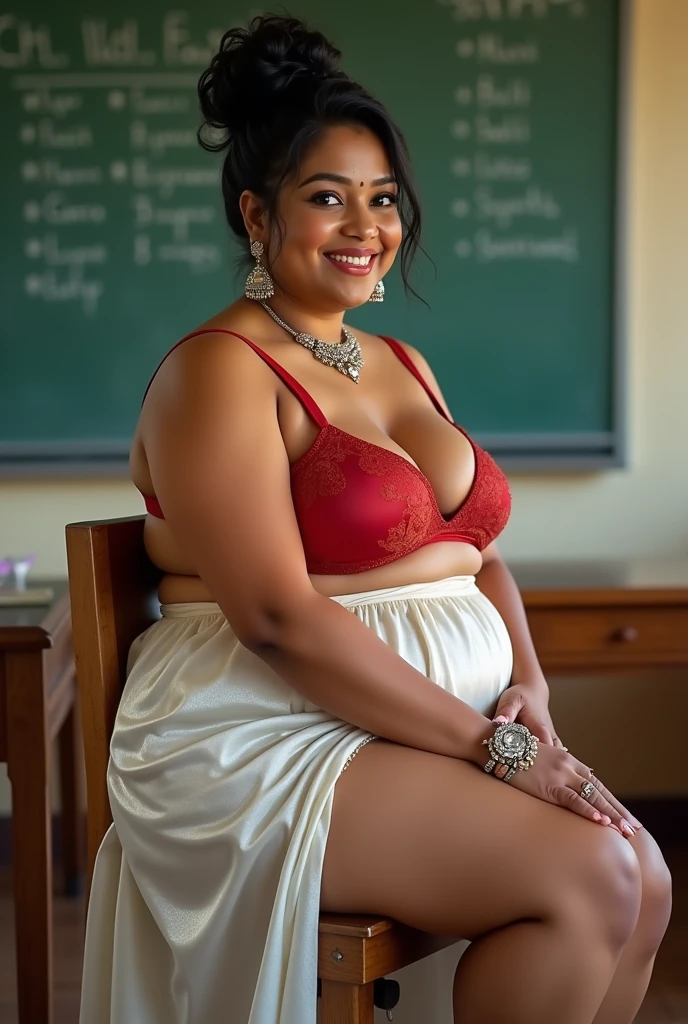 vidya balan close up full body photo shot, about at classroom, chubby fat bbw curvy teacher, wearing a sexy and hot micro red ruffle skirt and elegant micro summer top, teaching to the classroom. g about the question