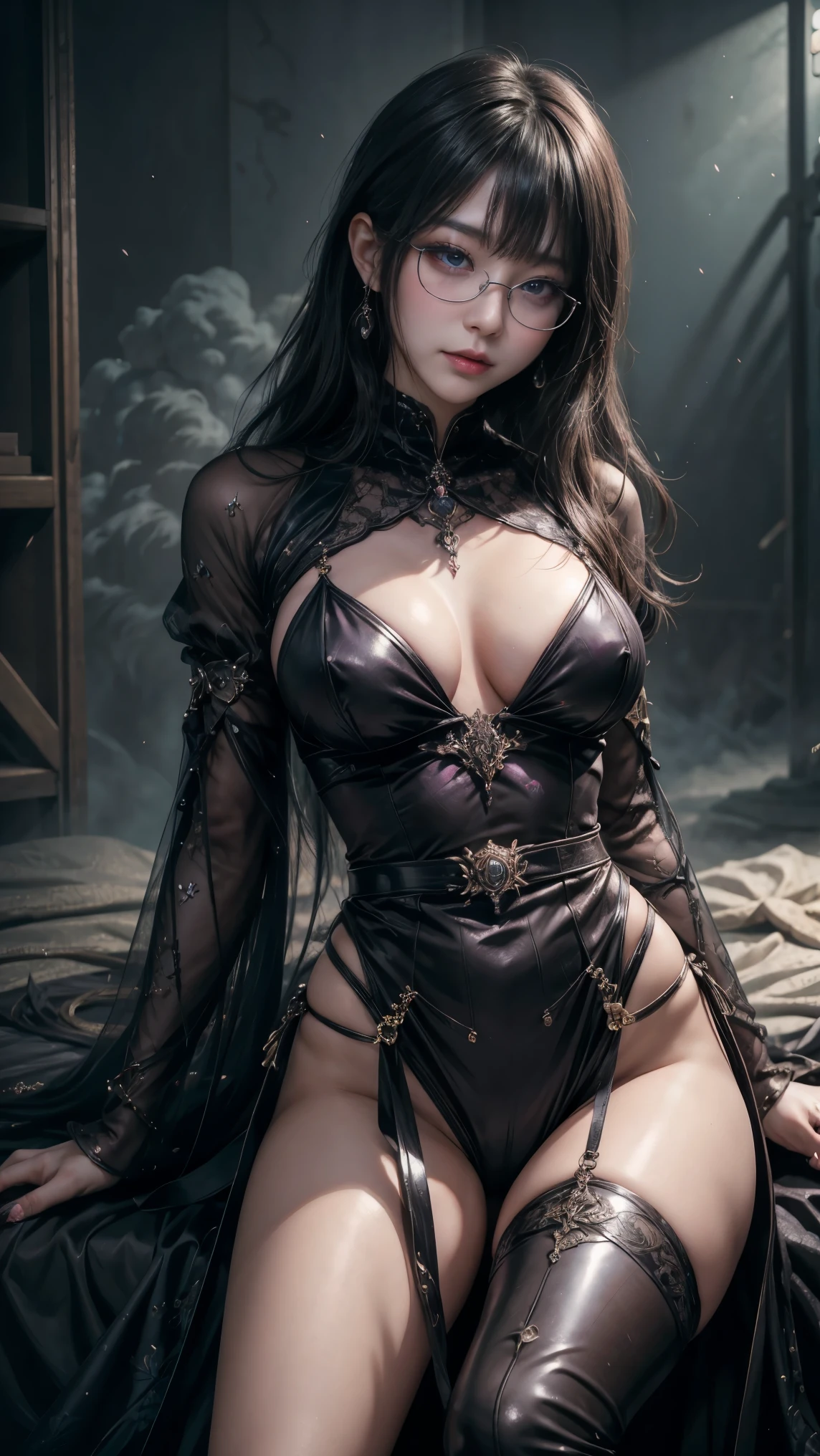 (最高qualityのディテール)、Realistic、8K Ultra HD、High resolution、(One Girl:1.2),(((Glasses、Fatal Beauty,Attractive beauty))) ,(A supple and powerful physique),(Sensual魅力),(Mysterious charm:1.1),(Big Breasts、Captivating silhouette),The 超detailedな、高qualityのテクスチャ、複雑なdetailed、detailed、非常にdetailedなCG、高qualityの影、detailed 美しく繊細な顔、detailed 美しく繊細な目、Written boundary depth、Ray Tracing、20th Generation、Cute K-Pop Girls、(The Face of Ulzan in Korea)、Thin face、(Urzan-6500-v1.1:0.6)、PurerosFace_v1、Glowing Eyes、Perfect body、 Viewer Display、(最高qualityのディテール:1.2)、Realistic、8K Ultra HD、High resolution、Woman close up， realistic girl rendering, 8k artistic german bokeh, Enchanting girl, Real Girls, Gurwitz, Gurwitz-style artwork, Girl Roleplay, Realistic 3D style, cgstation Popular Topics,, 8K Portrait Rendering,（truth，truth：1.4），(Sparkling eyes girl:1.2)、Best image quality, 最高quality, Realistic, 超detailedな, Realistic, 4K 8K Ultra HD Full Color RAW Photos, Fujifilm(Medium format), Hasselblad, Carl Zeiss, Incredible dynamic range photography(utility_art：Smooth-768:1.1),High resolution, High pixel count, 明確なdetailed, Clear images, natureな色再現, Noise Reduction, High fidelity, quality, Software Improvements, Upscaling, Optimized Algorithms, Professional-level retouching, lipstick, eyeliner, eye shadow, Beautiful Eyes,Sensual, Iridescent, Shiny, Fantasy, Provocative, Rotten Flesh and Stitches, Monstrous, Horror, Scared, 気味のevilい, 吸Blood鬼,  Blood,  Elvira Mistress of the Dark, Exposed large breasts,  Oily skin , Graves,  Blood,  Spread your legs、Noir painting of a beautiful young witch,dark purple lips, evil, evil女, smile, Black Prom Dress, She is coming to you, close, Bright Blue Eyes, Surrounded by swirling pink smoke, Genuine, Attention to detail, Esoteric arachnids lady, Spider Queen, Esoteric arachnids, Combat Stance, ( The body is made with liquid metallic paints in metallic mauve and metallic black.......、It beautifully depicts the female form.......。), length, Sharp Fangs, nature, ((Complex metallic colors in the foreground)),  (( Fluid Mechanics, The most beautiful smooth scale face makeup, Smirking expression)) - 黒ずんだBlood, Onyxia、