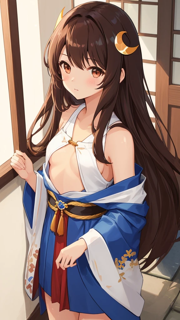 1girl, long brown hair, brown eyes, crescent hair ornament, skinny body, small breasts, blue-red Japanese clothing, neckline, bare shoulders, between inside and outside the house