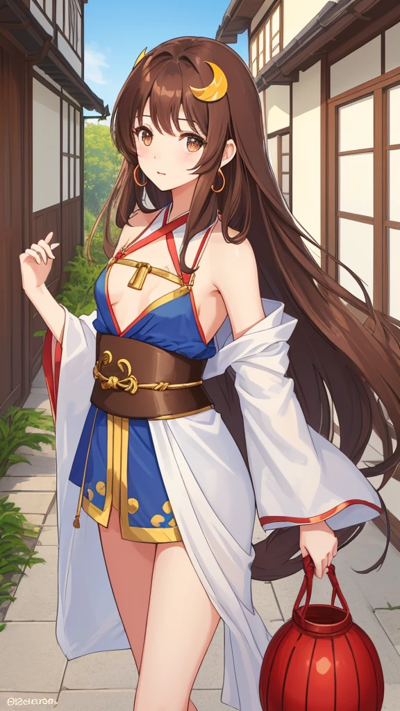 1girl, long brown hair, brown eyes, crescent hair ornament, skinny body, small breasts, blue-red Japanese clothing, neckline, bare shoulders, between inside and outside the house