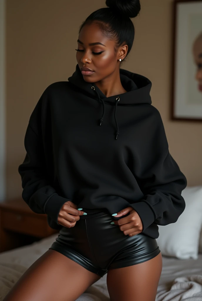 a black woman with her hair in a bun, wearing a black hoodie, bending over and pulling up her black leather short shorts, in her bedroom getting dressed