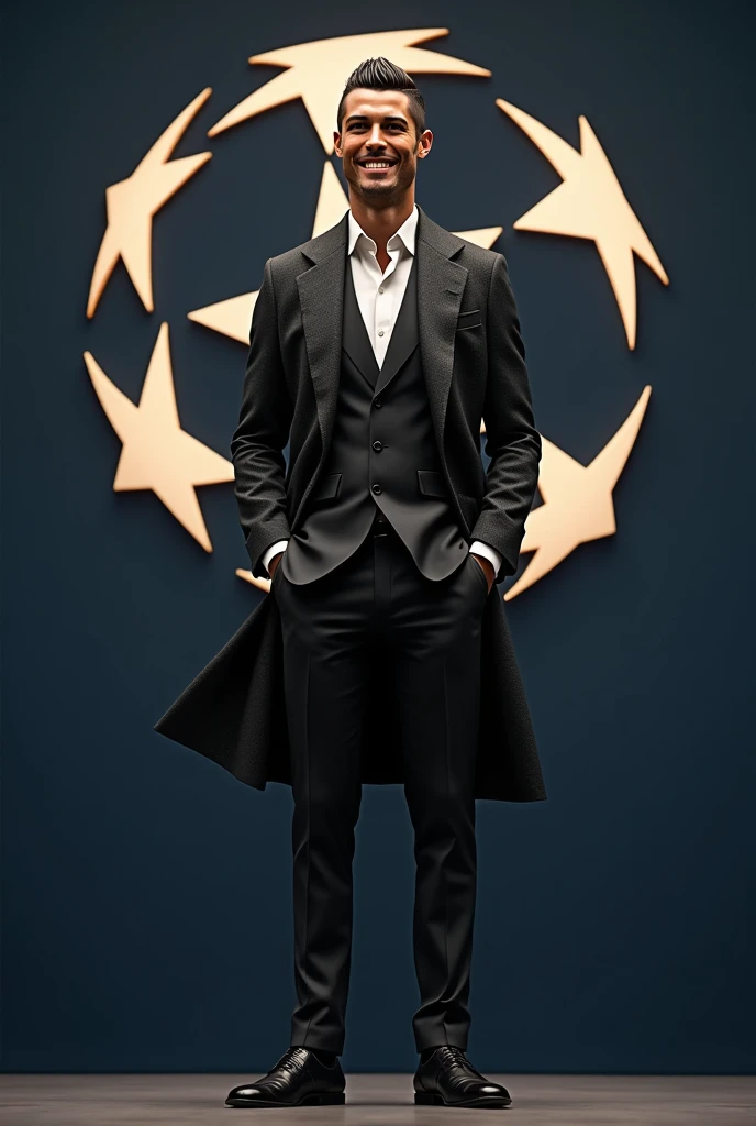 Cristiano Ronaldo;en vêtements de luxe;prêt pour le tirages au sort des la ligue des champions,un fond qui est dessiner le logo de la ligue des champions,en sourient