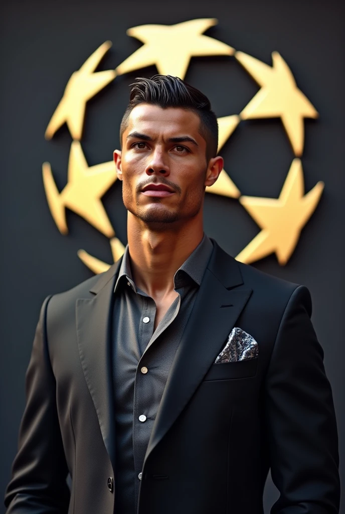 Cristiano Ronaldo;en vêtements de luxe;prêt pour le tirages au sort des la ligue des champions,un fond qui est dessiner le logo de la ligue des champions,en sourient