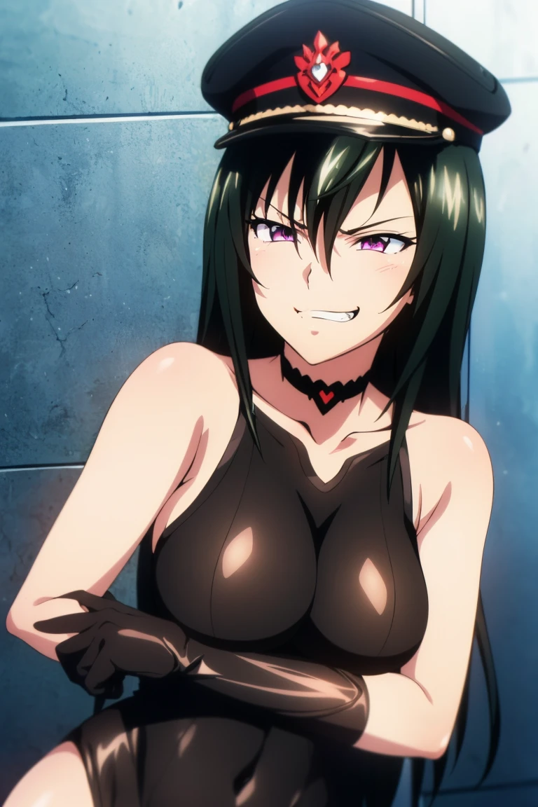 beautiful, masterpiece, ultra detailed, extremely detailed, ultra high res, 8k, beautiful detailed face, anime screencap, heart shaped face woman, (black hair:1.2), long hair, hair between eyes, large breasts, fearless face, sharp face, slant eyes, cat eyes, 170cm tall, adult, perfect proportion, (((black high-leg leotard, black clothes))), (((bare shoulder))), cleavage, (((thigh boots))), choker, (((military cap))), anime style, extremely ultra detailed beautiful face and eyes, front view, raw phot, incredibly absurdres, Beautiful portrait of cute anime girls, super fine illustration, full-hd, hdr, best aesthetic, distinct, exquisite, masterwork, by famous artist, highers, (((perfect anatomy))), mocking, (((rape face))), (((evil grin))), intense eyes, sadistic, gleaming skin, oil skin, slut face, full-face blush, smirking, mischievous grin, furrowed mouth, both legs, pouty lips, downturned corners, rosy hue, grin widely, cheeky smirk, (((bad-tempered glare))), gloating, crazy smile, scary face, cruel smile, fang, connected teeth,, (((elbow gloves))), (((big connected teeth)), glare, grimace, smirk, (((scowling face))), smile broadly, symmetrical eyes, even eyes, perfect eyes, (((squinting eyes))), deep detailed eyes, shiny clothes, 1girl, solo, smug, smile grimly, (((dimpled smile))), pink eyes, (((upper body shot and standing))), (((laugh))), (((pleasure face))), (((brutality face))), (((scary face))), (((fang))), super detailed skin, official art, production art, top quality, high quality, amazing quality, finely quality, fantastic, professional quality, perfect hands, perfect arms, both arms, two arms, both hands, two hands, cleavage cutout, bare collarbone, shiny hair, anime best girl, cel anime, bangs, spread back hair, adult face, 