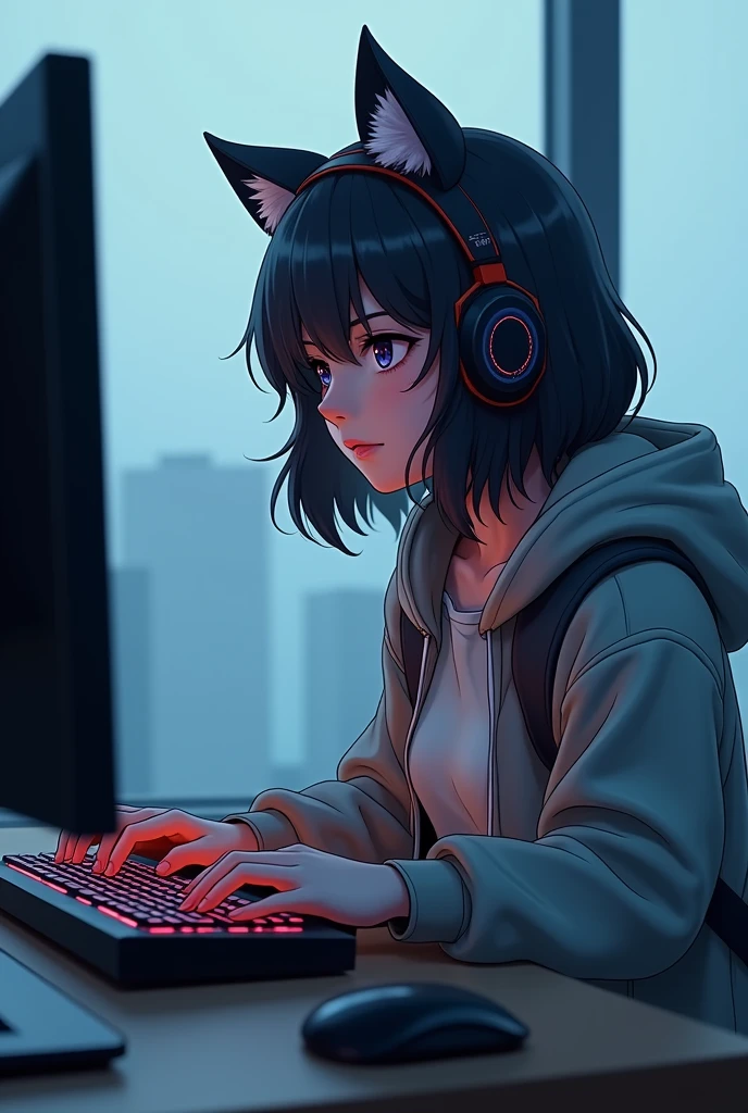 Gamer girl in a hood with cat ears ,with dark hair just below the shoulders, at the computer , far away