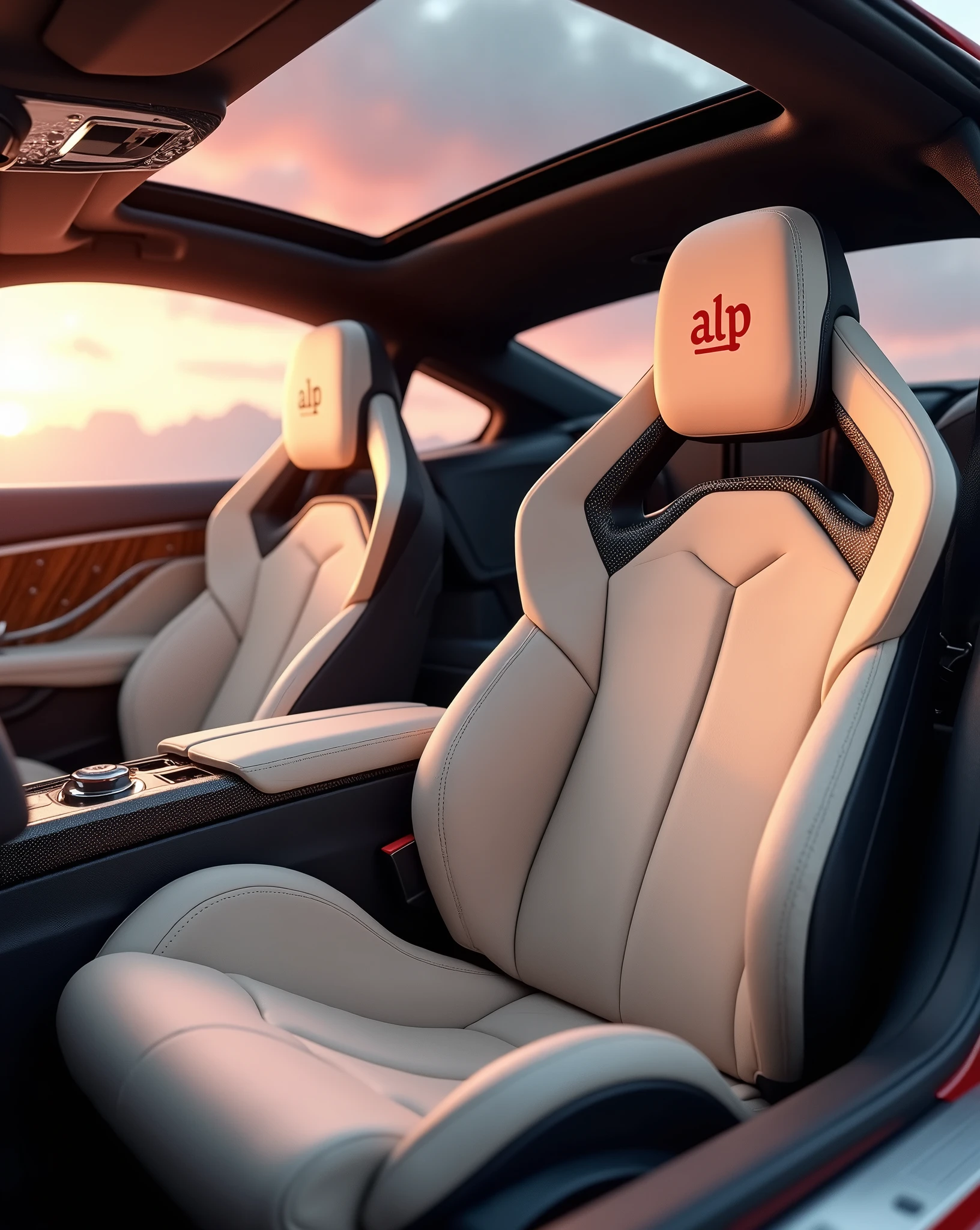 Camera view at 3/4 angle (45 degrees). The highlights are the fully customized interior design, the highly sophisticated and modern sports seats in beige synthetic leather with the initials “ALP” written in crimson red on the headrest, the doors and side panels finished in carbon fiber and walnut, creating a mix of modernity and tradition and the closed panoramic sunroof that reflects natural light. | Natural light with a magnificent pink-orange outdoor sunset, ((masterpiece, UHD, RAW, best quality, high details, 8k:1.2)).