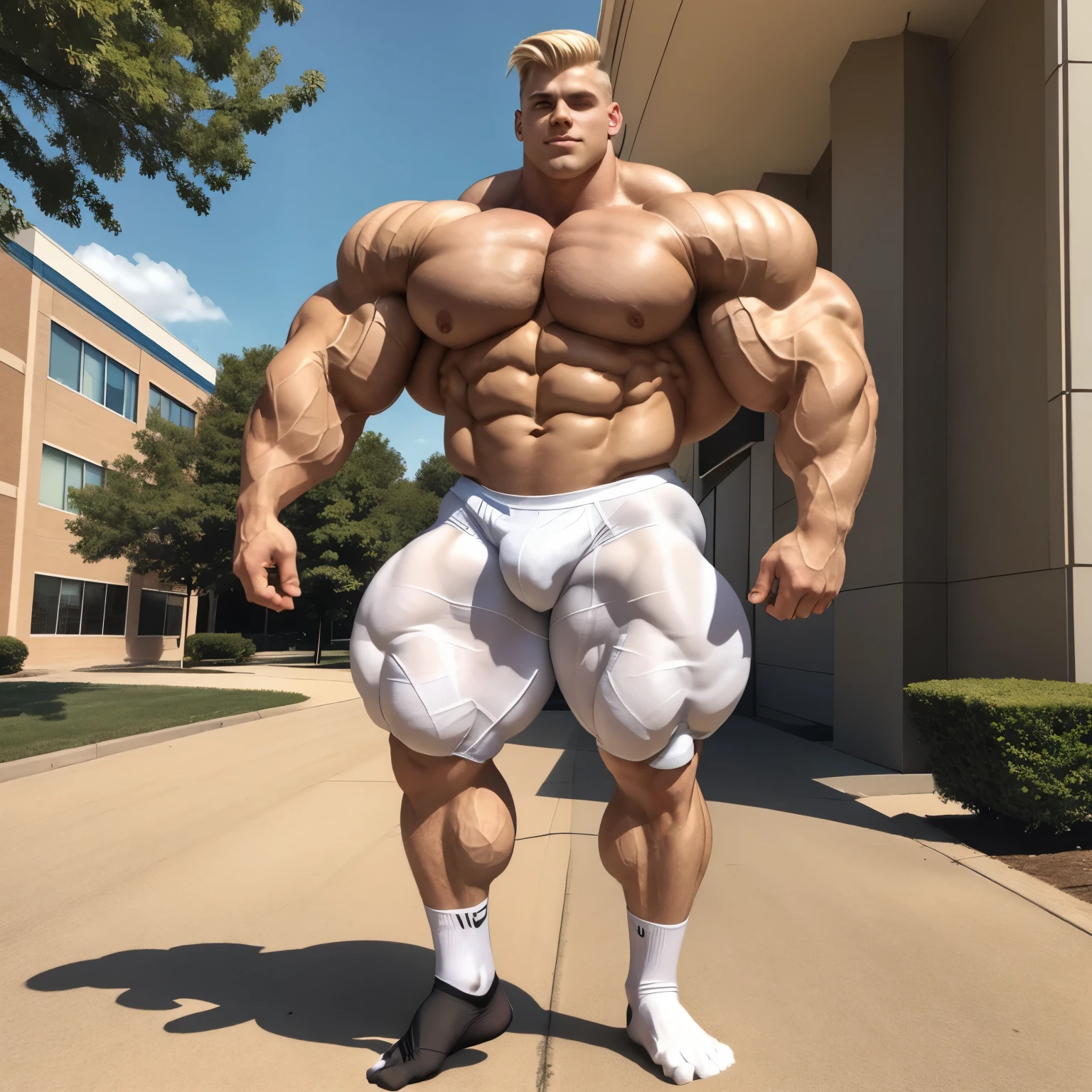 full body view, one teen cute white blonde undercut male model wearing black socks and lycra tight shorts, no shoes, forced to grow into freaky roidstuiffed huge giant bodybuilder, proudly posing outside, front american college