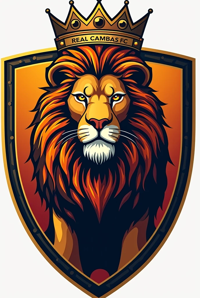 Generates a soccer shield related to a lion with great detail and a crown with orange colors, black and a light yellow and the shield says REAL CAMBAS FC spelled correctly