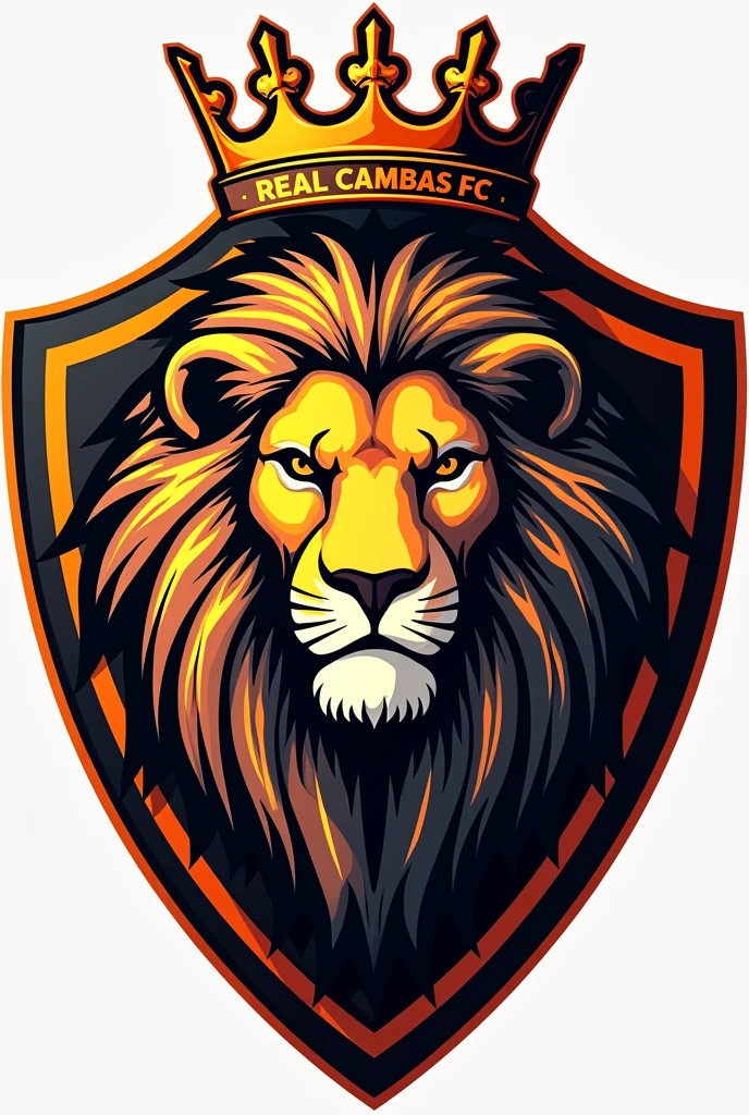 Generates a soccer shield related to a lion with great detail and a crown with orange colors, black and a light yellow and the shield says REAL CAMBAS FC spelled correctly