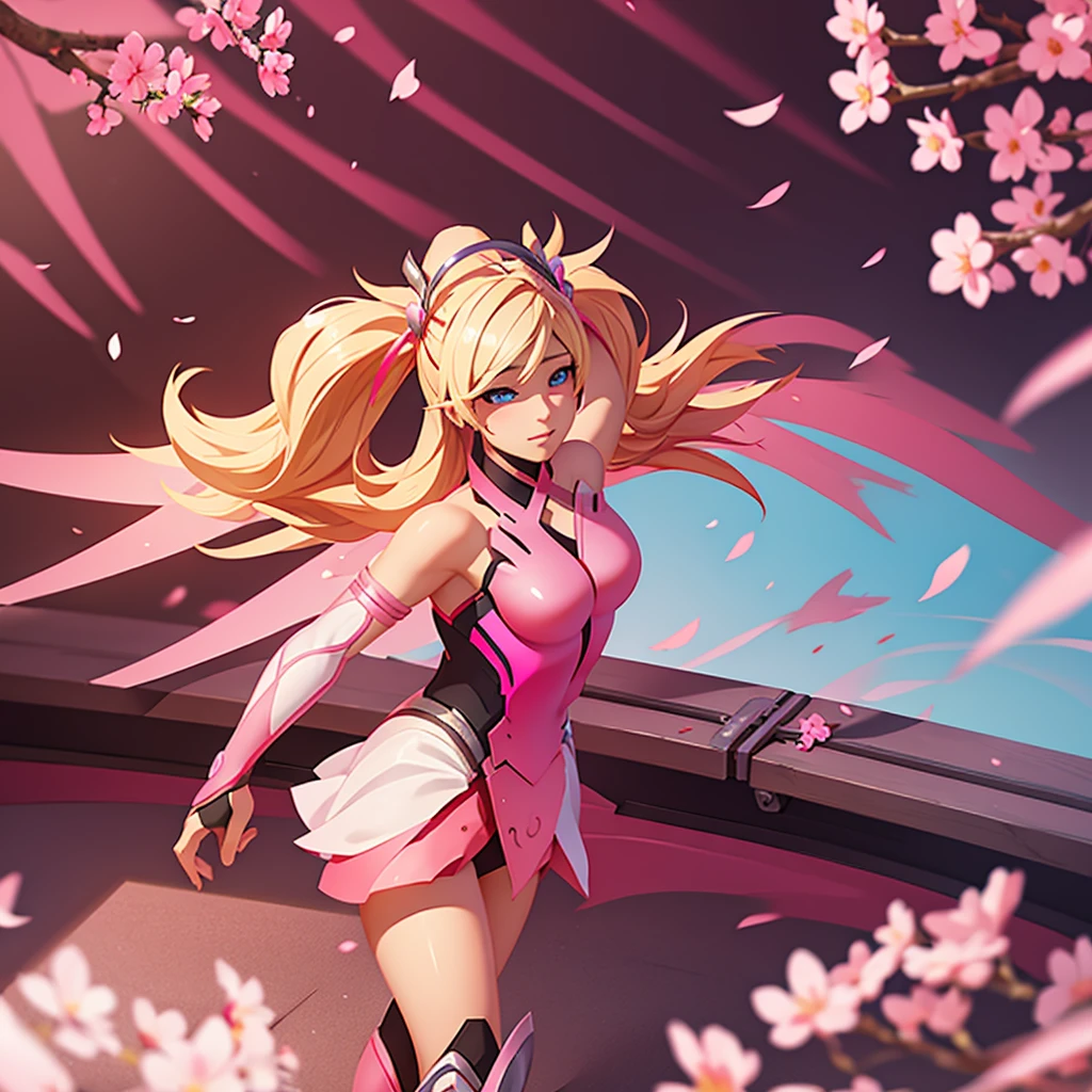 Pink mercy from overwatch, surrounded by pink cherry blossoms and swirling cherry blossom petals