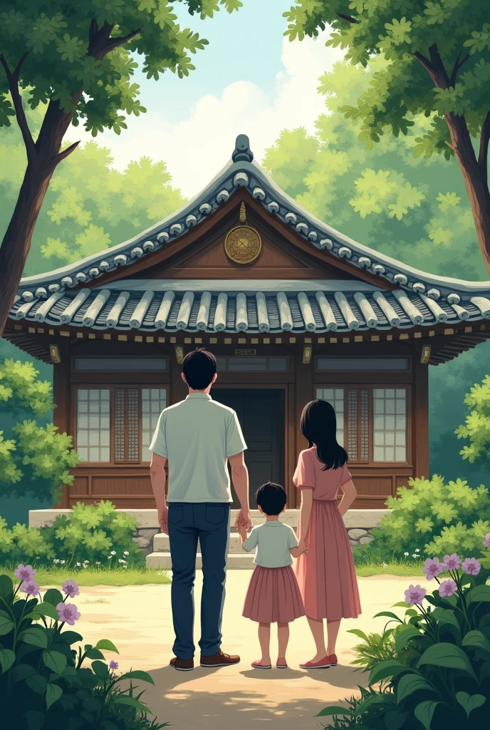 A Korean-style house with a father, mother, a young boy and a young girl standing with their backs looking at the house happily. The atmosphere is shady.